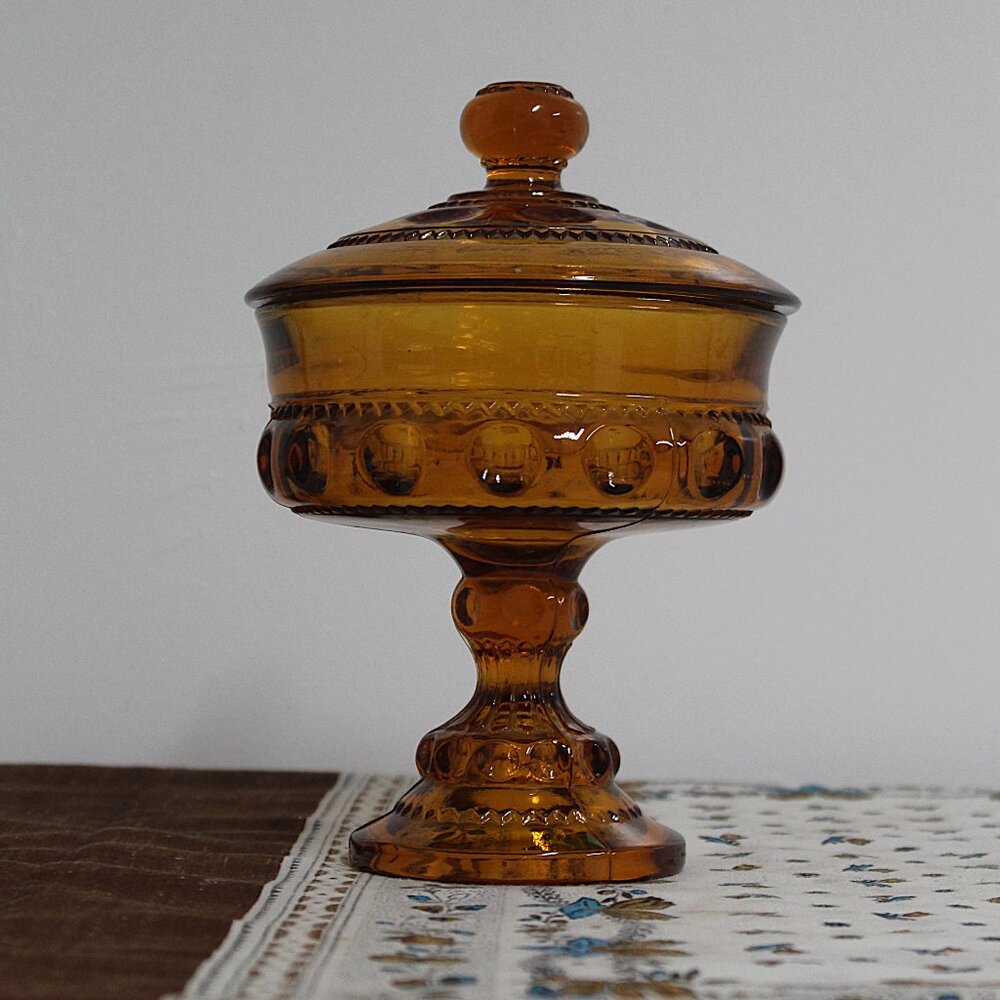 Vintage Indiana Glass Kings Crown Amber Pedestal Candy Dish with Lid